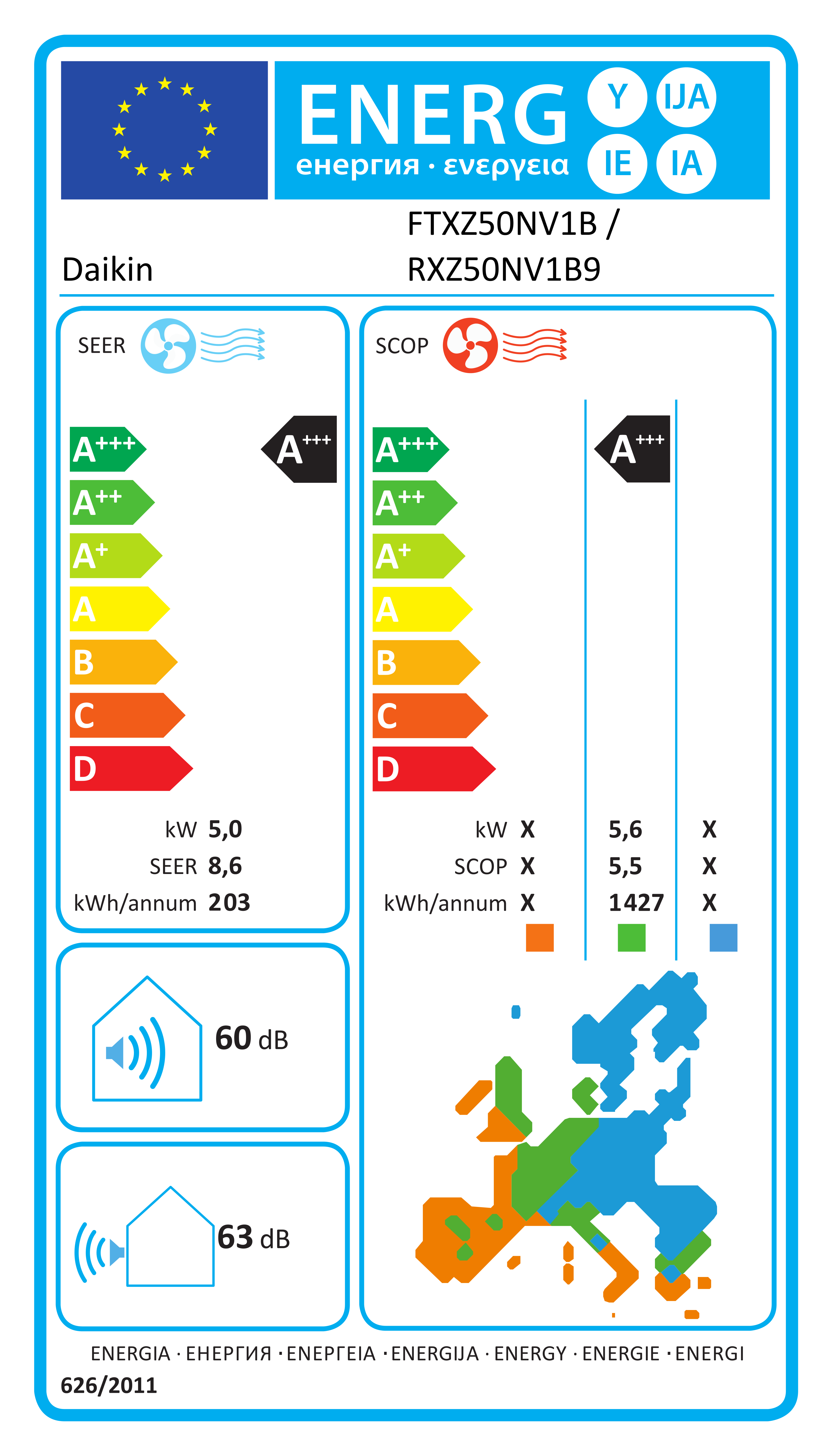 Eticheta energetică EPREL pentru Aparat De Aer Condiționat Daikin Ururu Sarara Bluevolution FTXZ50N+RXZ50N Inverter 18000 BTU