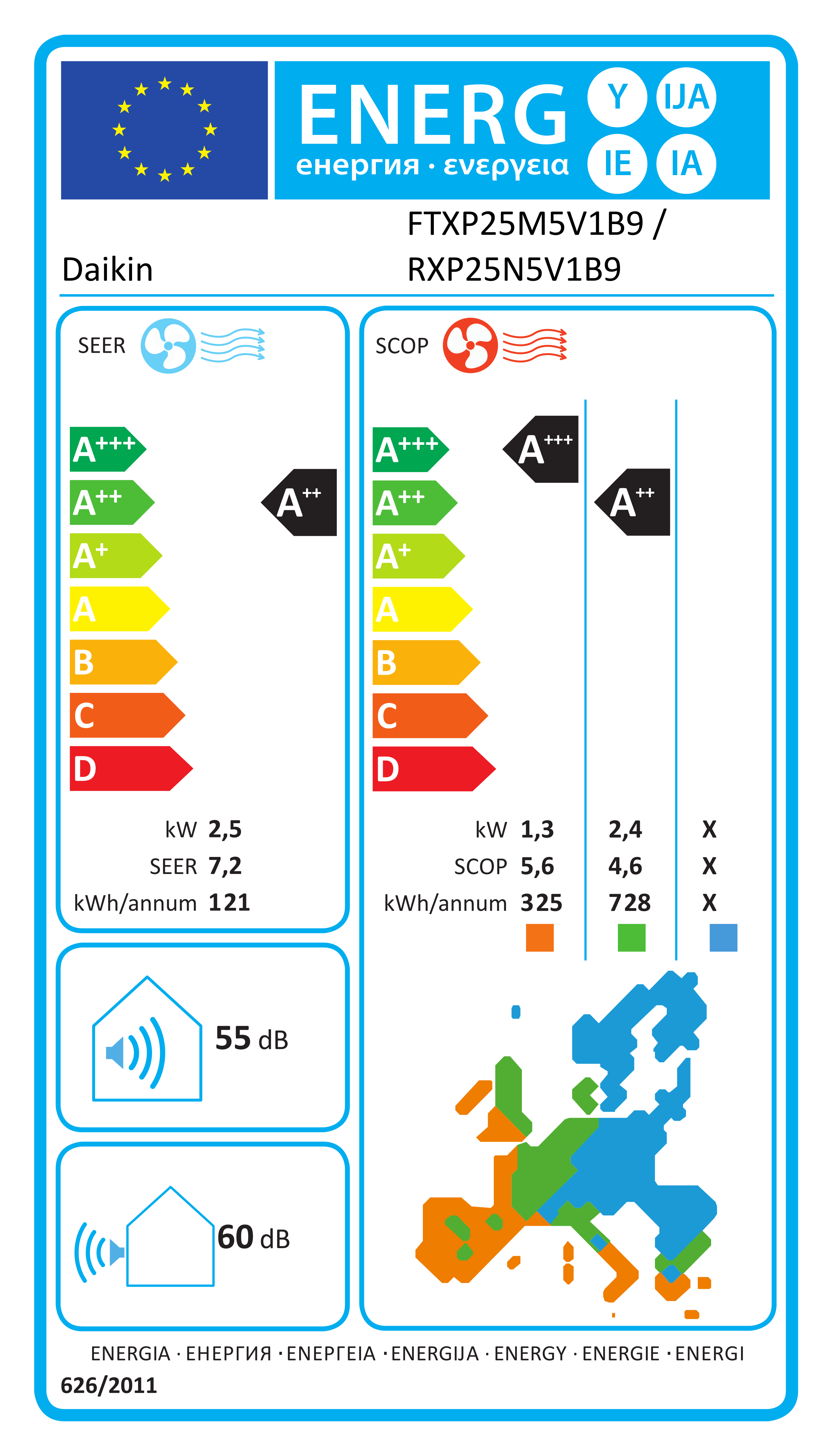 Eticheta energetică EPREL pentru Aparat De Aer Condiționat Daikin Comfora Bluevolution FTXP25N+RXP25N Inverter 9000 BTU-Modul WIFI Integrat