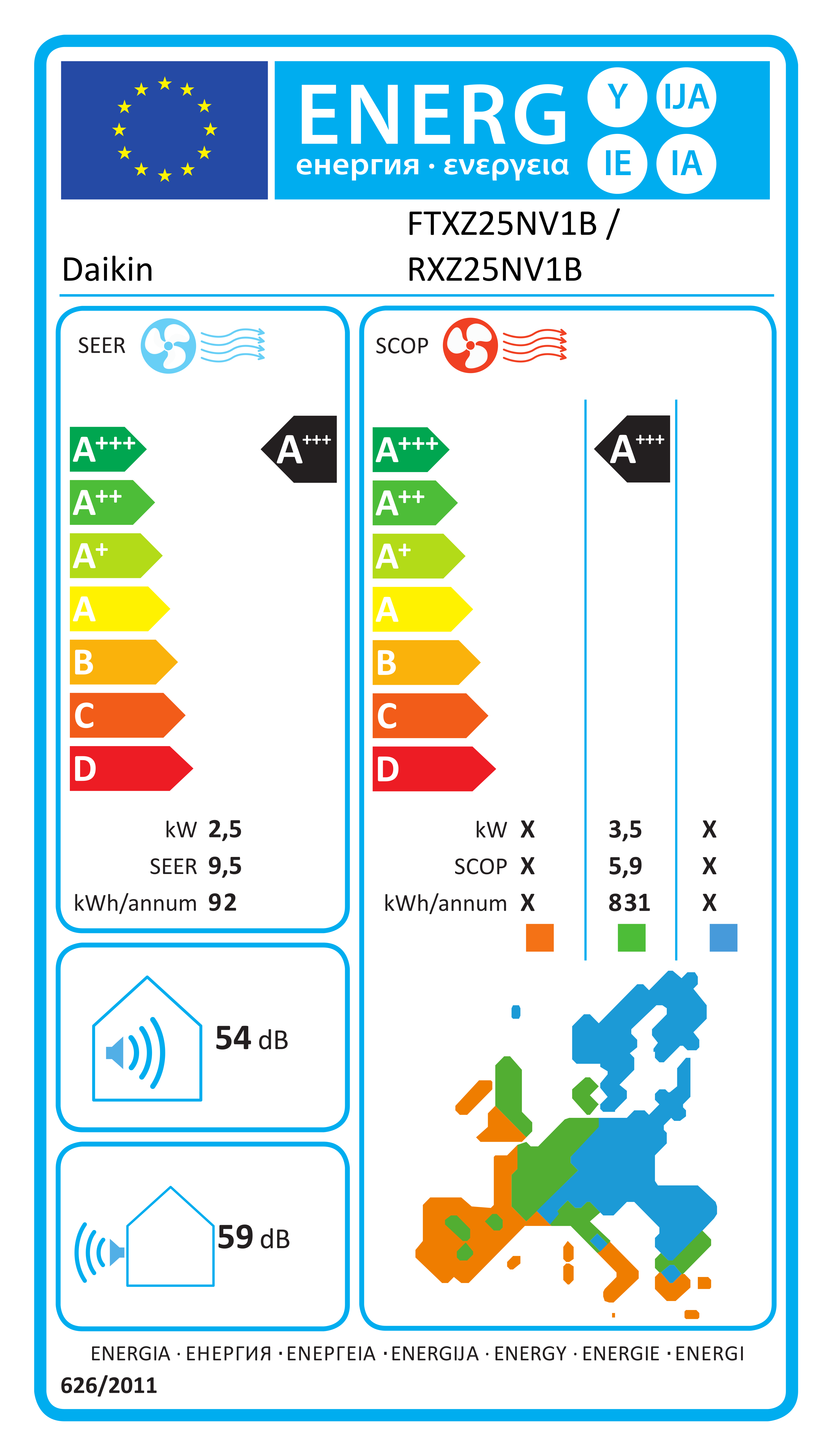 Eticheta energetică EPREL pentru Aparat De Aer Condiționat Daikin Ururu Sarara Bluevolution FTXZ25N+RXZ25N Inverter 9000 BTU