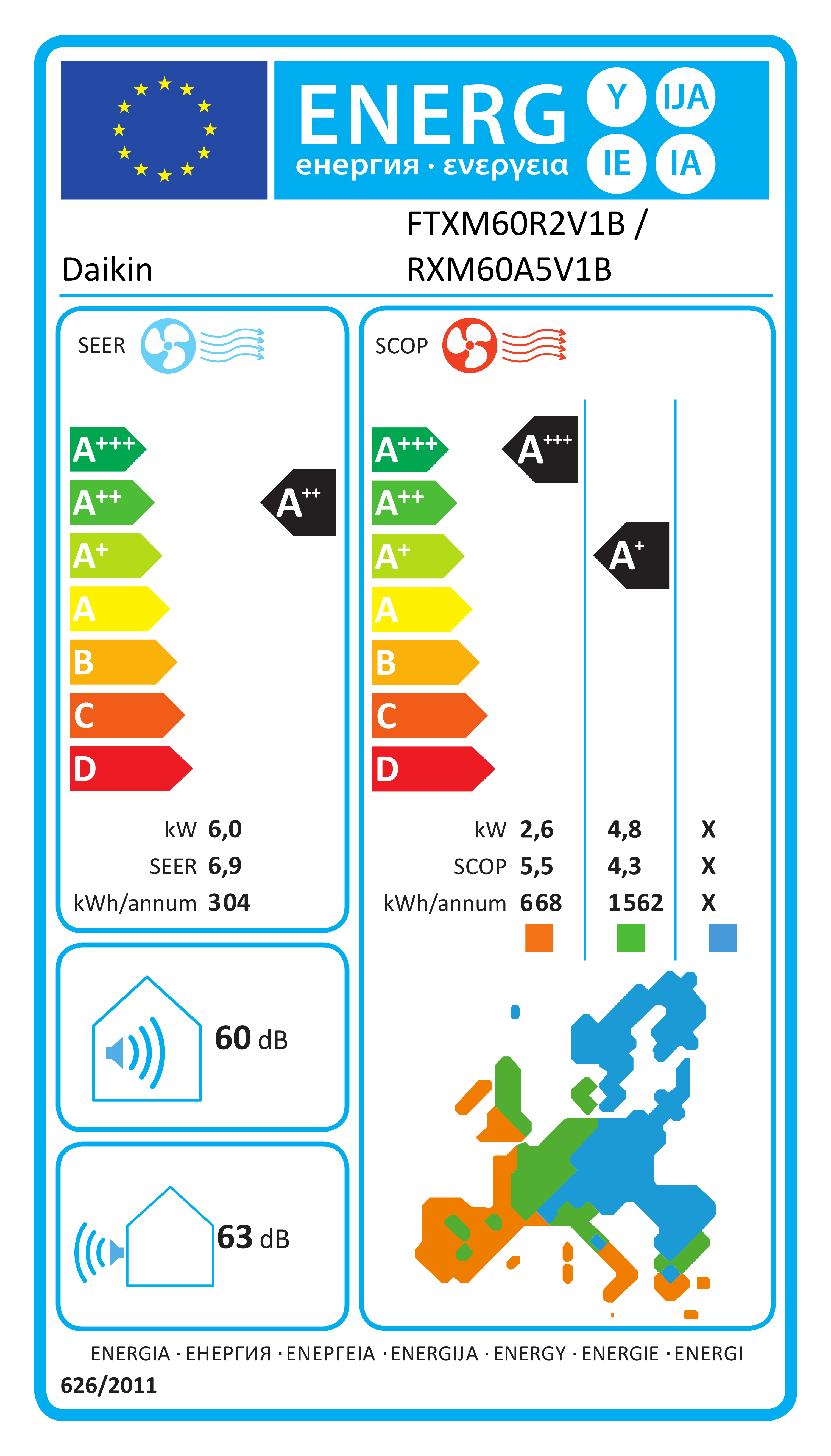 Eticheta energetică EPREL pentru Aparat De Aer Condiționat Daikin Perfera Bluevolution FTXM60R+RXM60R Inverter 21000 BTU