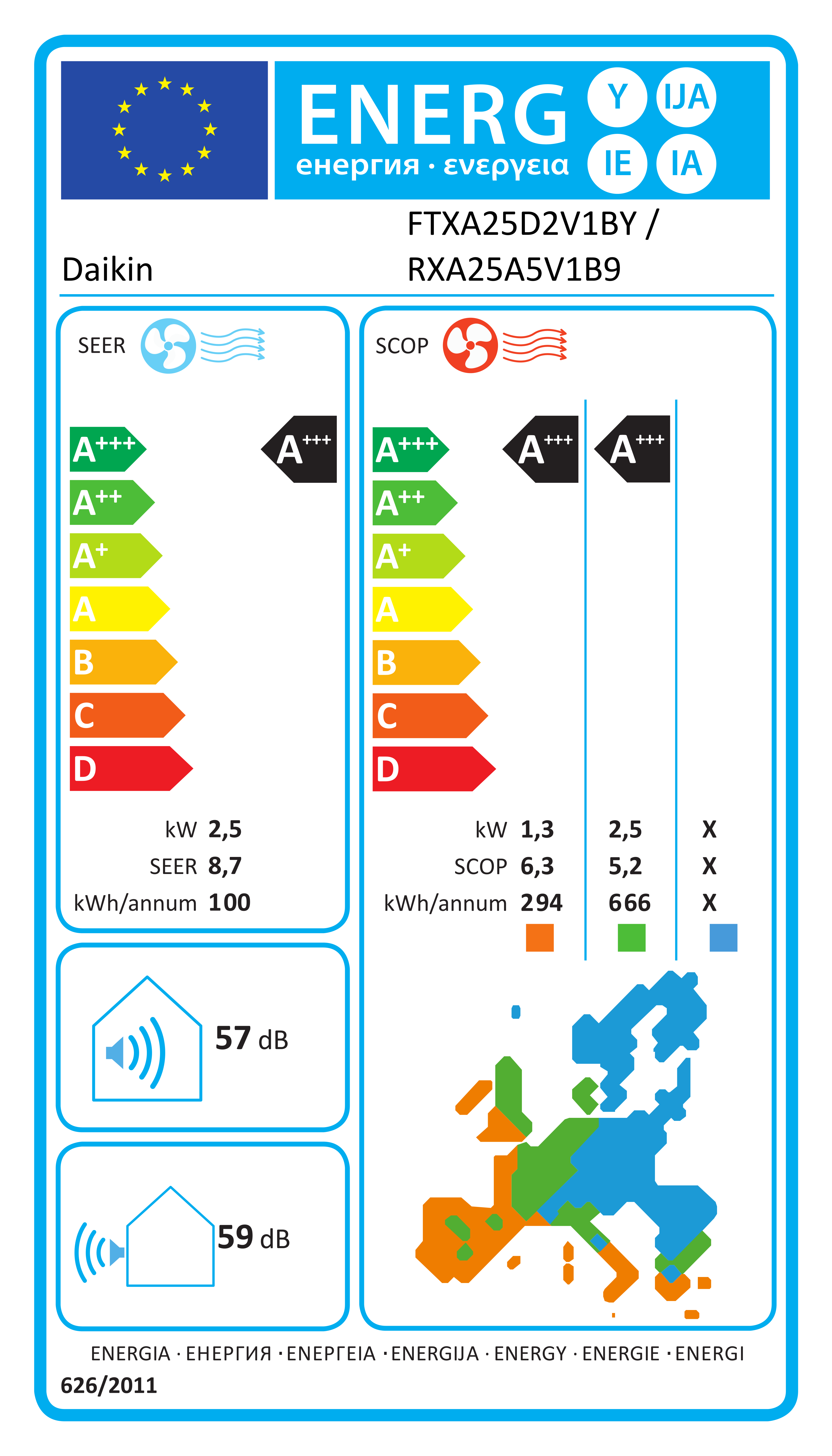 Eticheta energetică EPREL pentru Aparat De Aer Condiționat Daikin Stylish Bluevolution FTXA25CS+RXA25A Inverter 9000 BTU Silver