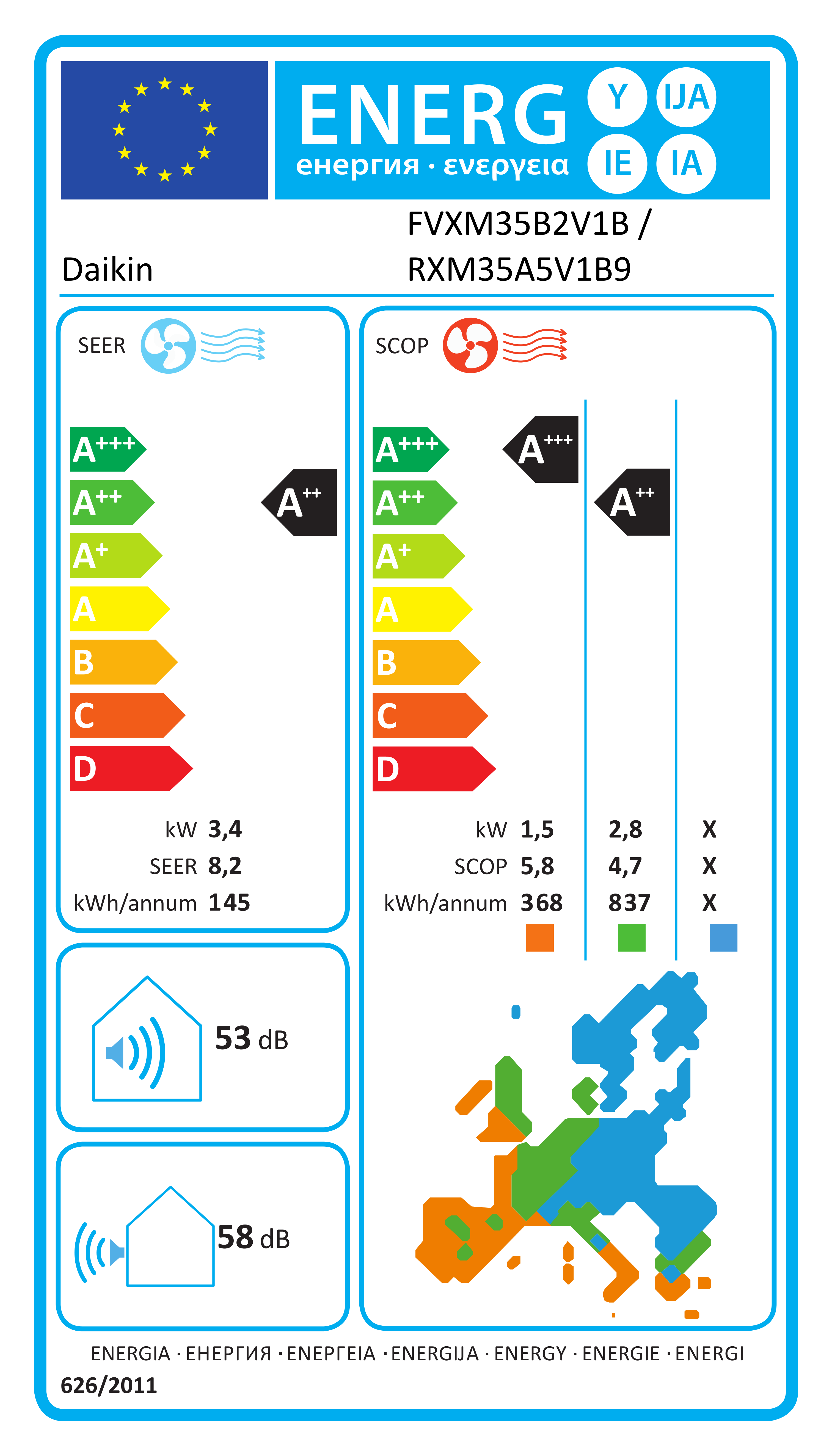 Eticheta energetică EPREL pentru Aparat De Aer Condiționat Daikin Perfera Bluevolution FTXM35A+RXM35A Inverter 12000 BTU